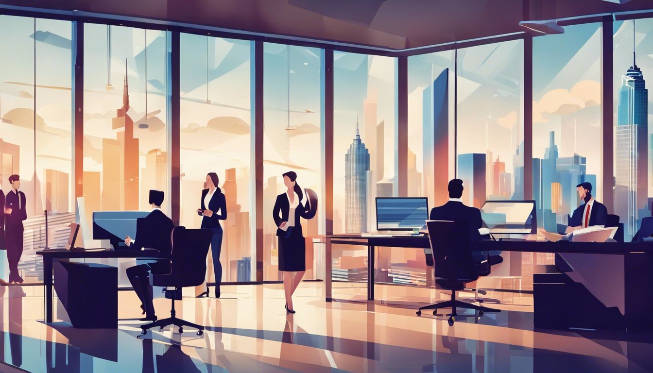 Een groep zakelijke professionals werkt in een modern kantoor met uitzicht op de stad.