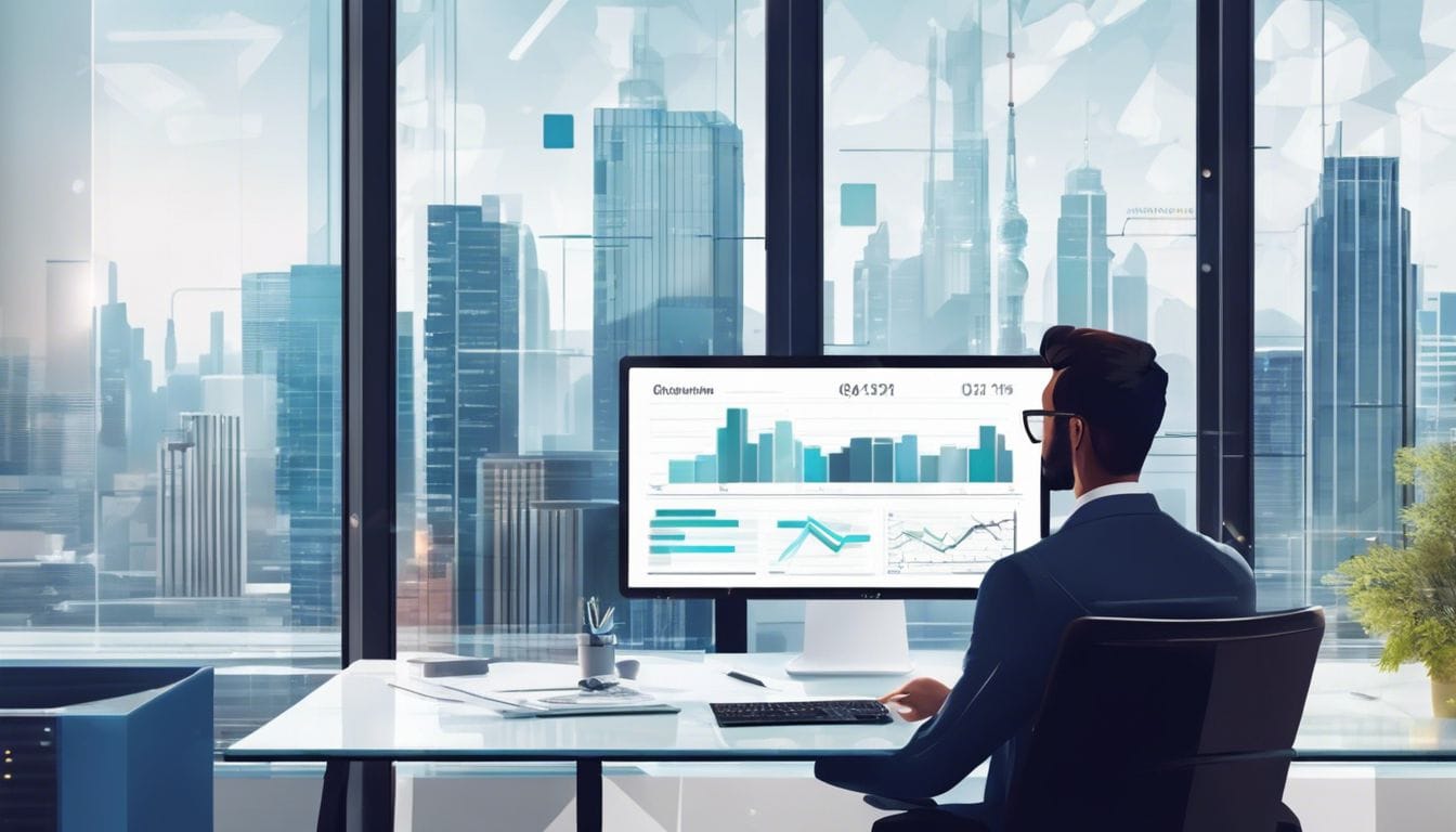 Een accountant analyseert financi&euml;le gegevens met AI-technologie in een modern kantoor.