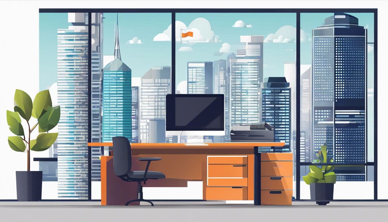 Een stijlvol kantoorbureau met moderne zakelijke benodigdheden en stadse achtergrond.