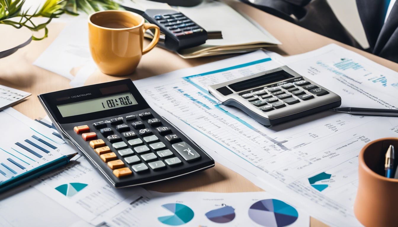 Een strak georganiseerd kantoorbureau met financiële documenten en een rekenmachine, met daarachter een stadsgezicht. Een strak georganiseerd kantoorbureau met financiële documenten en een rekenmachine, met daarachter een stadsgezicht.