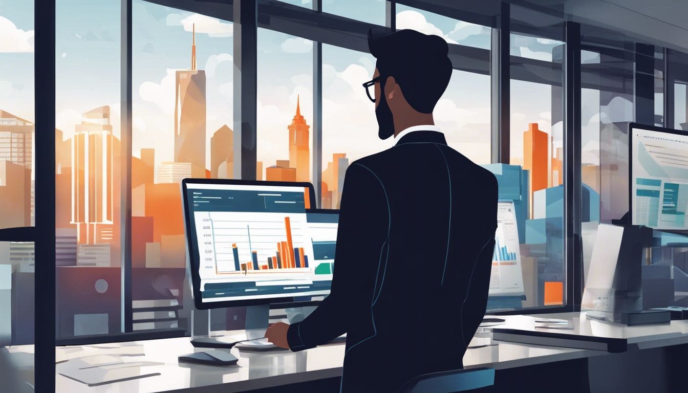 Een persoon gebruikt geavanceerde software voor online boekhouding in een modern kantoor.