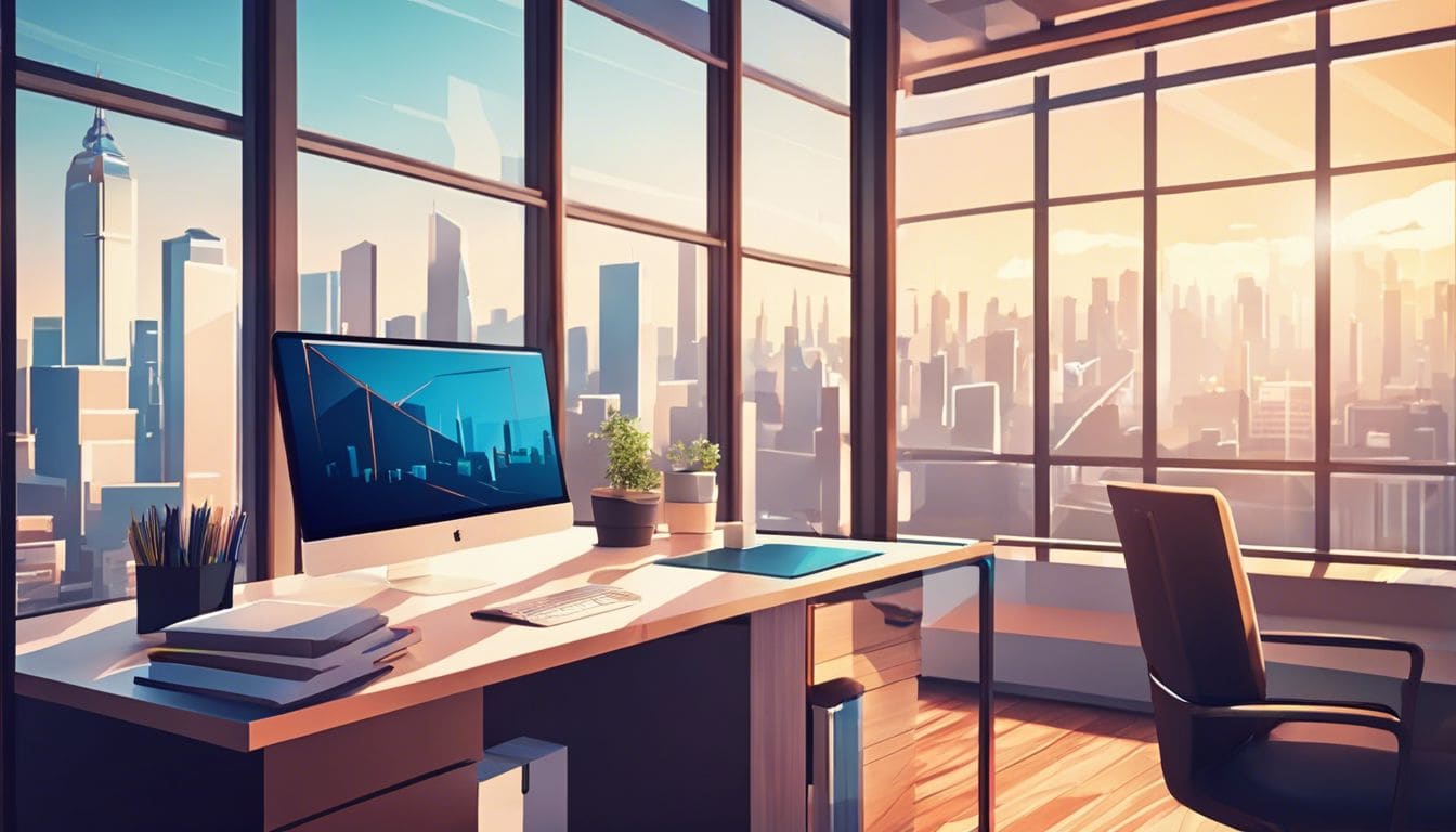 Een bureau met computer en papierwerk in een kantoor met uitzicht op de stad.