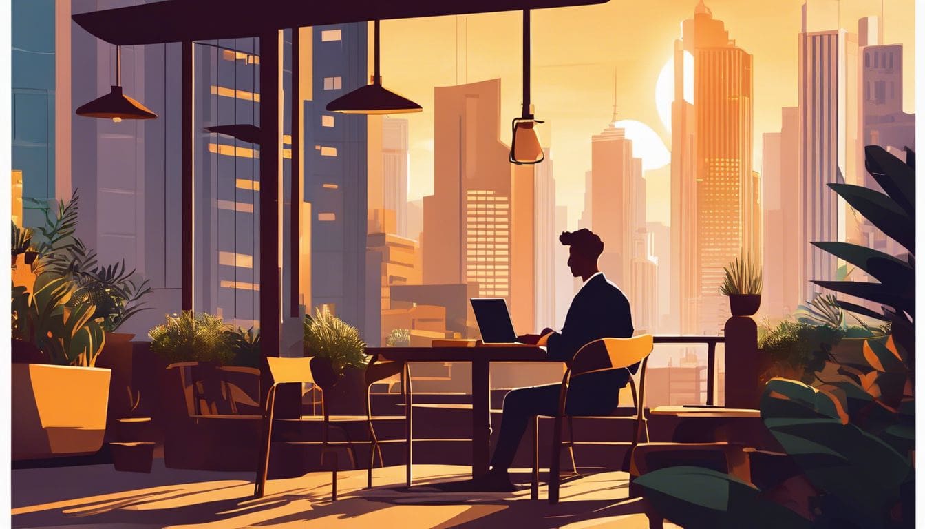 Iemand werkt op een laptop in een drukke stadscaf&eacute;, omgeven door hoge gebouwen.