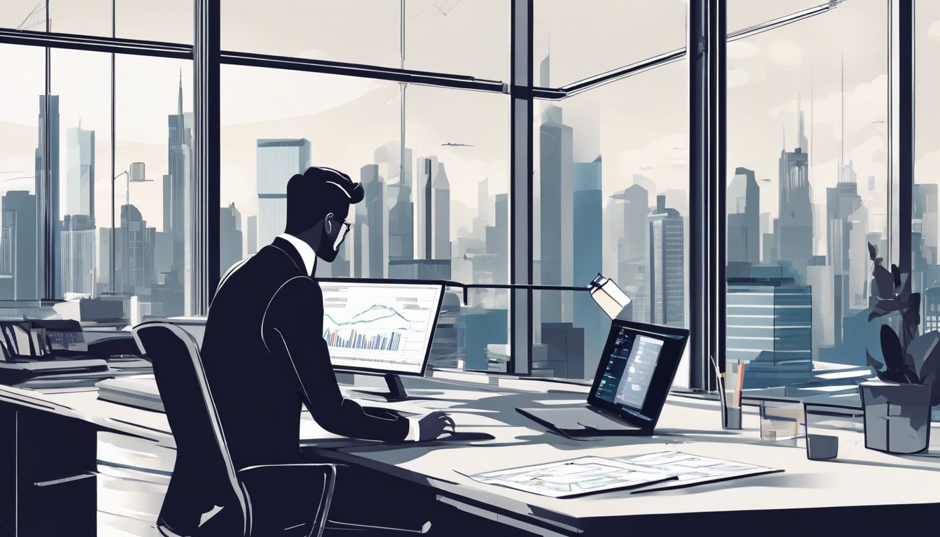 Een professionele accountant analyseert financi&euml;le gegevens in een moderne kantooromgeving.