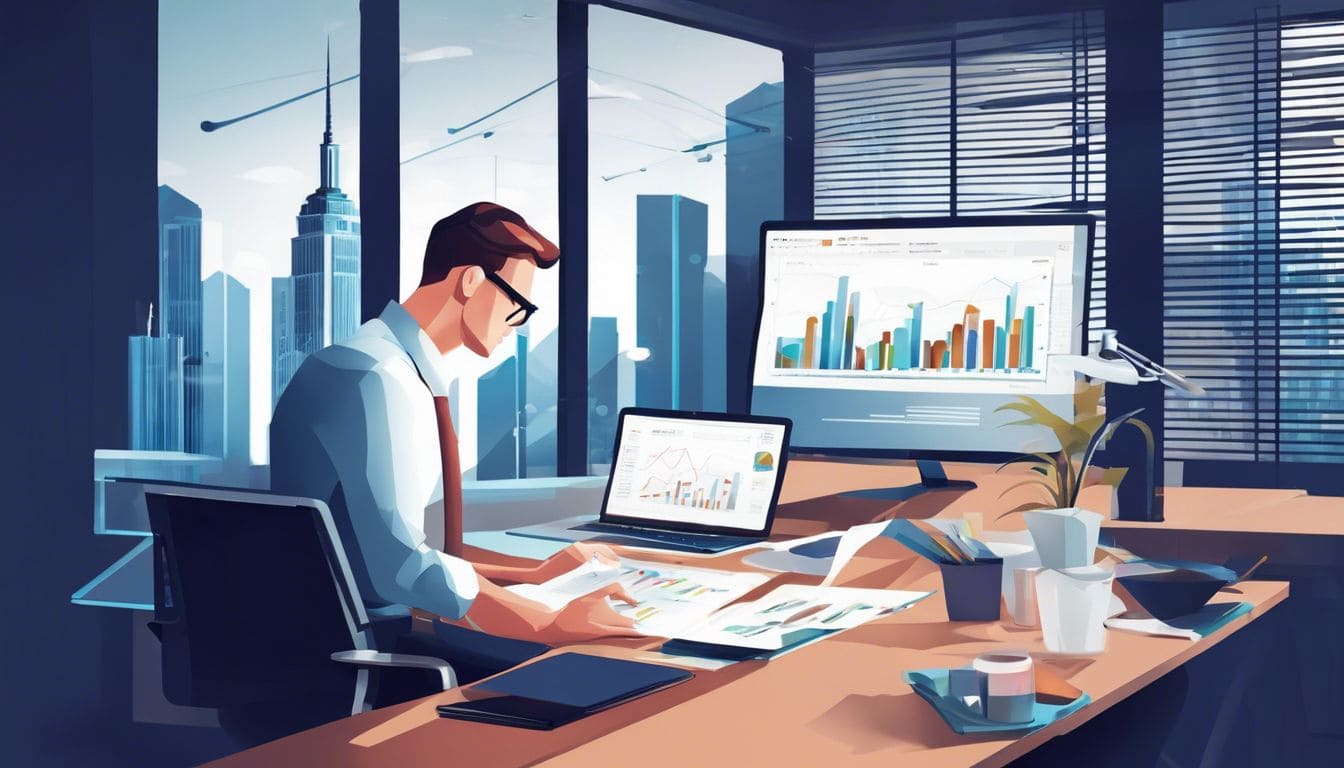 Een accountant analyseert financi&euml;le gegevens met AI-technologie in een modern kantoor.