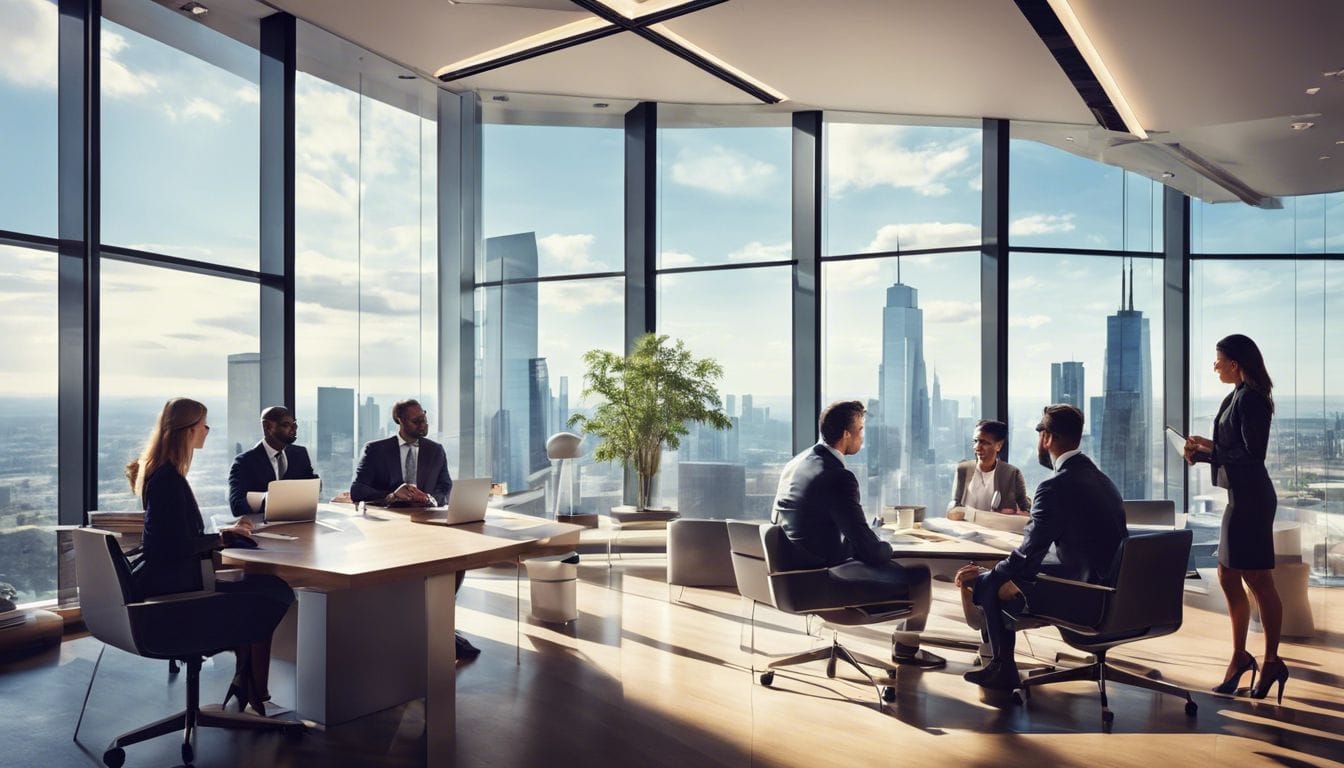 Een groep zakelijke professionals bespreekt strategieën in een moderne kantooromgeving met stadsgezicht. Een groep zakelijke professionals bespreekt strategieën in een moderne kantooromgeving met stadsgezicht.