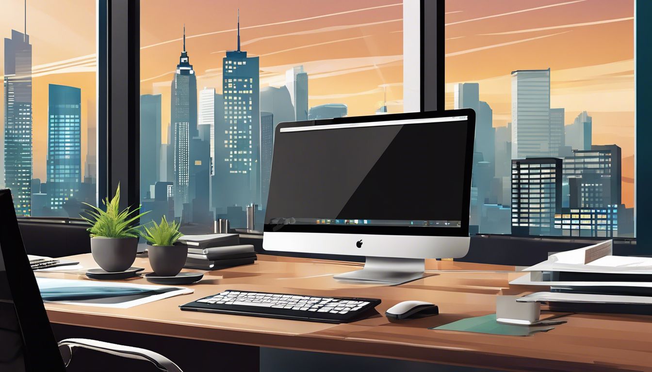 Een modern kantoor met financiële documenten en een computer op het bureau, met een stad op de achtergrond. Een modern kantoor met financiële documenten en een computer op het bureau, met een stad op de achtergrond.