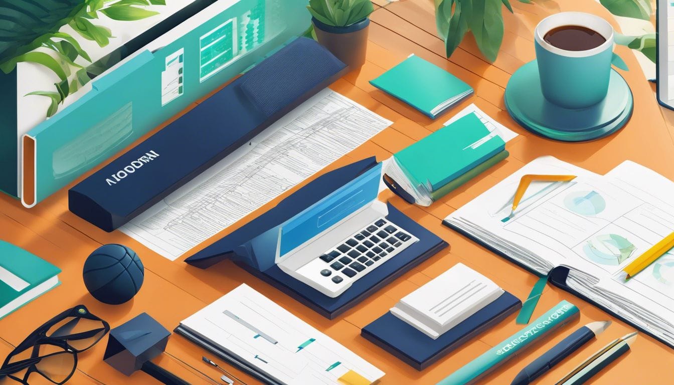 Een georganiseerde financi&euml;le administratie met sportuitrusting en natuurfoto's op een modern kantoor.