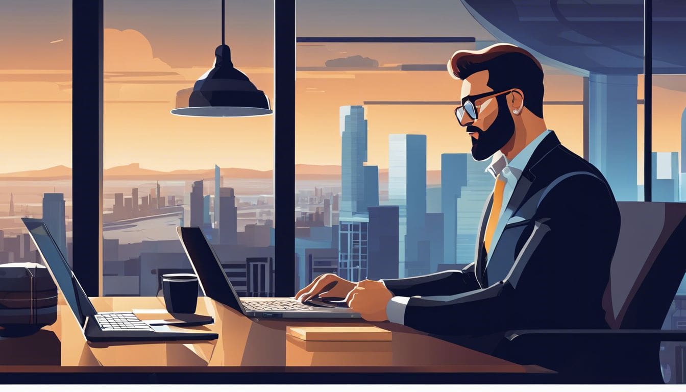 Een professionele vrachtwagenchauffeur bekijkt financi&euml;le gegevens op een laptop in een modern kantoor met uitzicht op de stad.