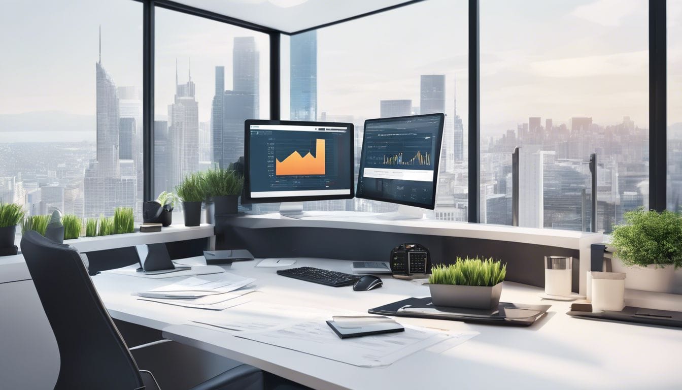 Een accountant gebruikt Exact boekhoudsoftware in een modern kantoor.