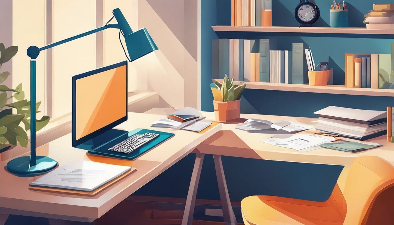 Een goed georganiseerd thuiskantoor met financiële documenten en een computer. Een goed georganiseerd thuiskantoor met financiële documenten en een computer.