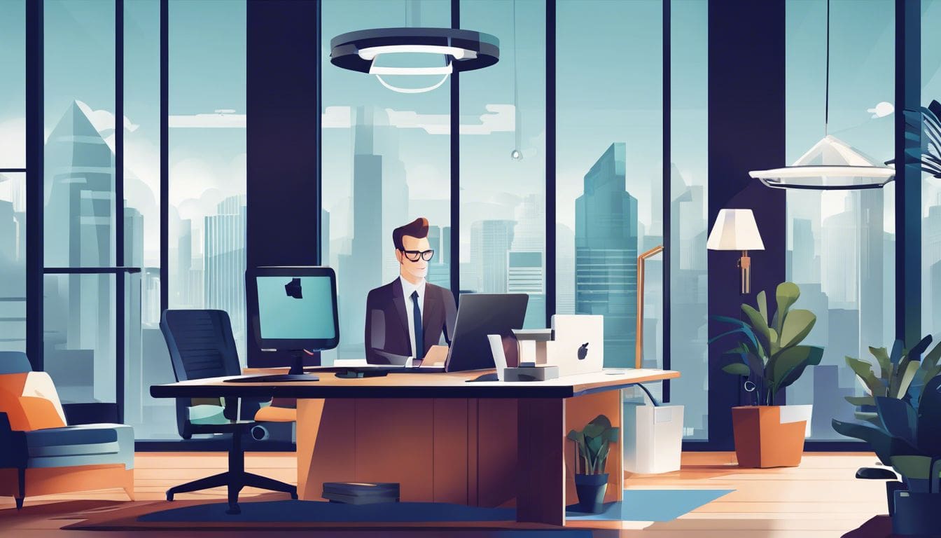 Een ondernemer analyseert financi&euml;le gegevens in een modern kantoor.