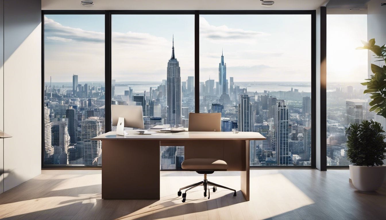 Een succesvolle zakenman beheert zelfverzekerd financi&euml;n in een modern kantoor.