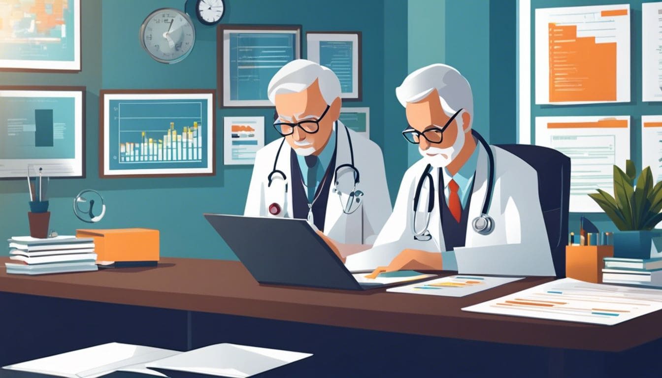 Een oudere dokter die aandachtig patiëntendossiers bekijkt in een moderne kantoor.