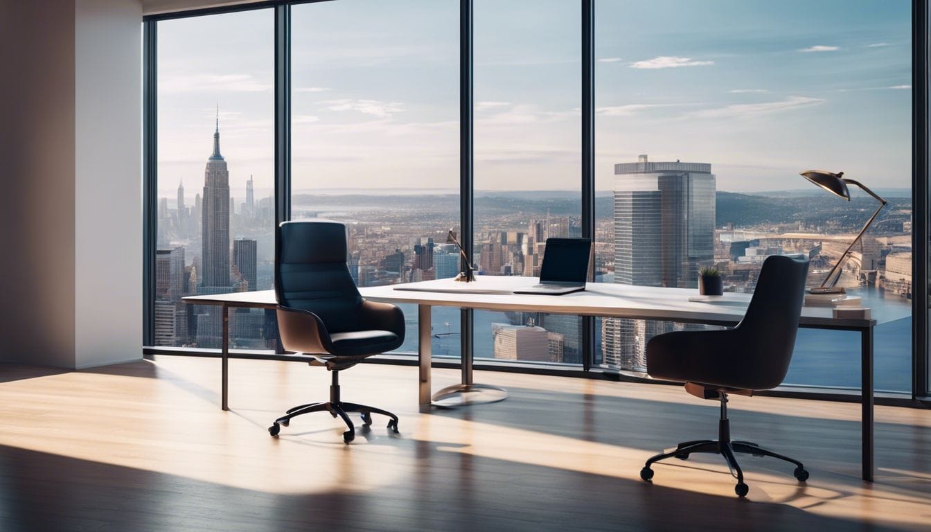 Een bedrijfseigenaar bekijkt loonrapporten in een moderne kantooromgeving.