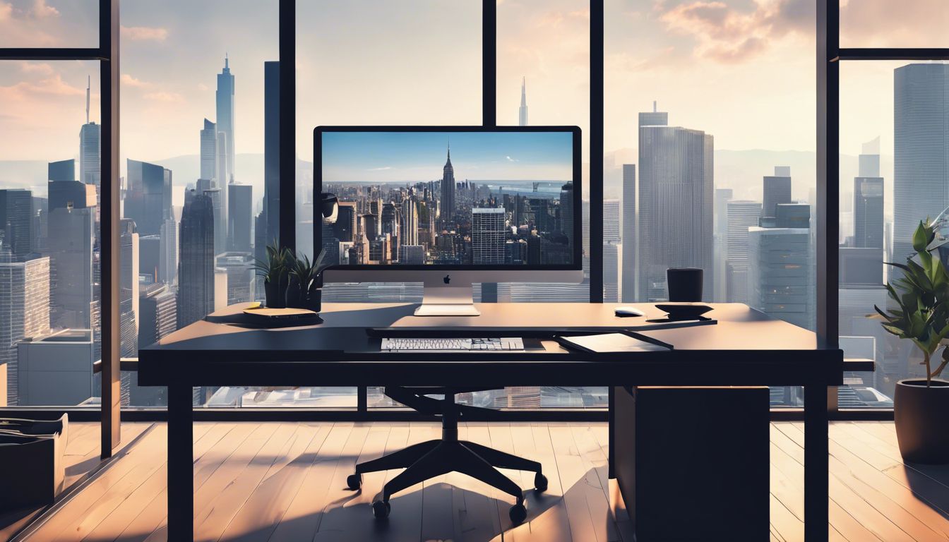Een modern kantoor bureau met computer, notitieboek en stad fotografie.