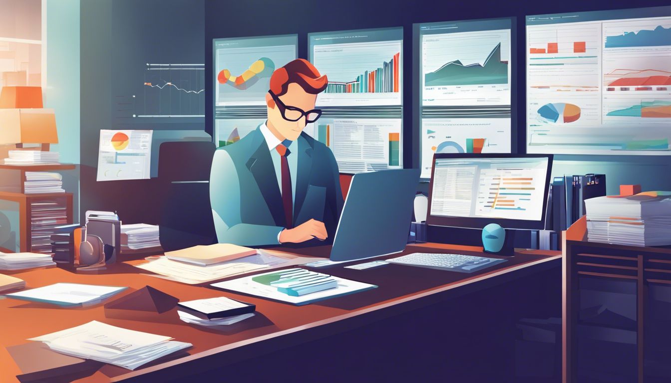 Een financieel analist analyseert financi&euml;le gegevens op een computer in een professionele kantoorsetting.