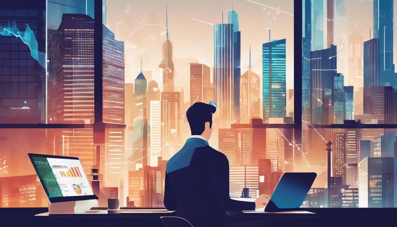 Persoon bekijkt financi&euml;le grafieken op digitaal apparaat in stedelijke omgeving.