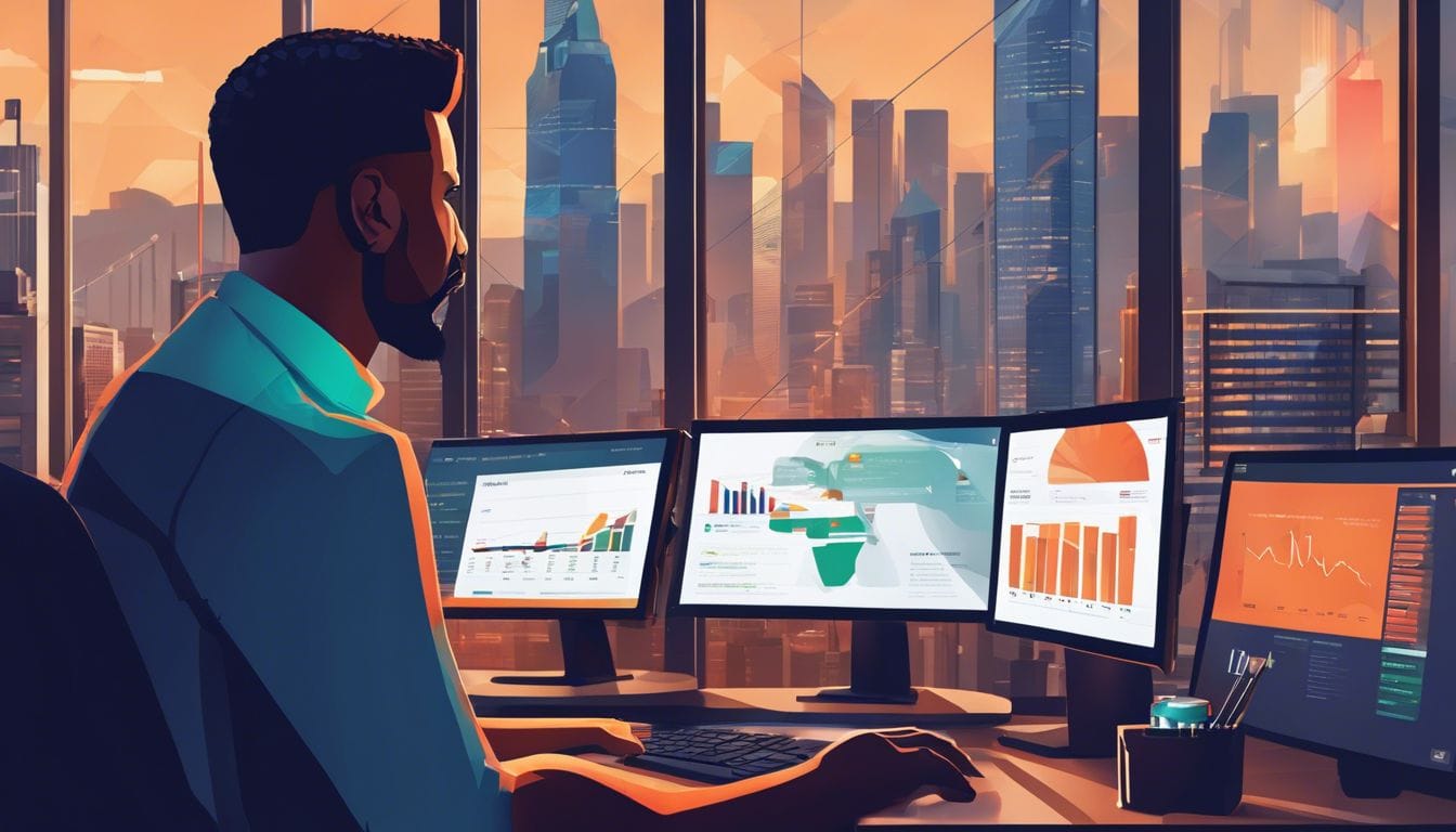 Een vrachtwagenchauffeur gebruikt boekhoudsoftware in een modern kantoor.