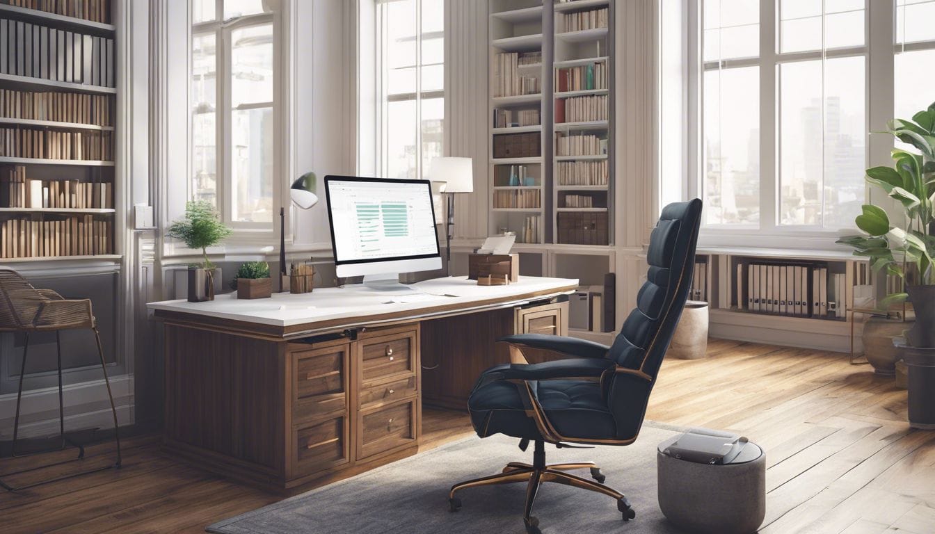 Een opgeruimd bureau met gespecialiseerde boekhoudsoftware in een rustige kantooromgeving.