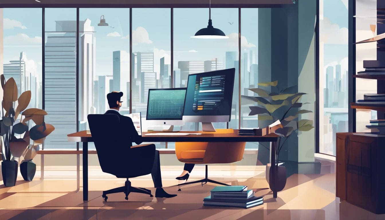 Een zakenman en boekhouder analyseren financi&euml;le gegevens in een chique kantoor.