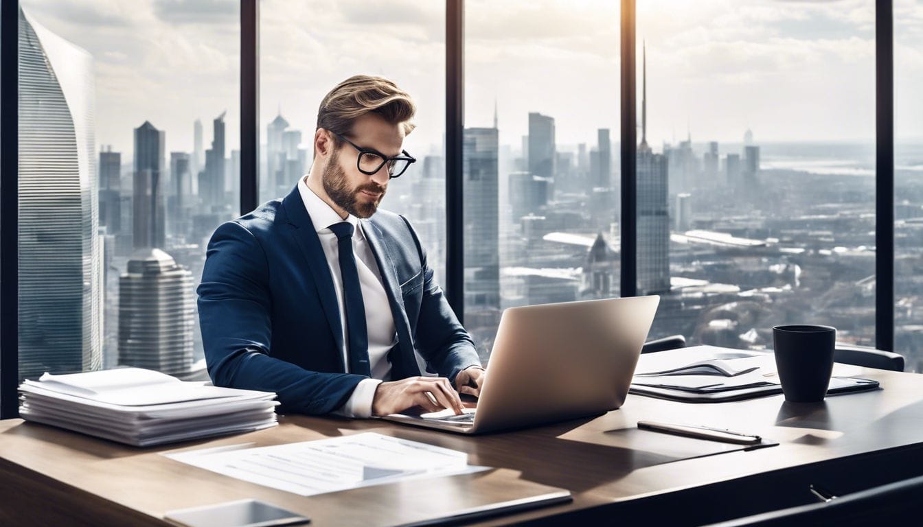 Een persoon werkt aan financiële documenten in een moderne kantooromgeving. Een persoon werkt aan financiële documenten in een moderne kantooromgeving.