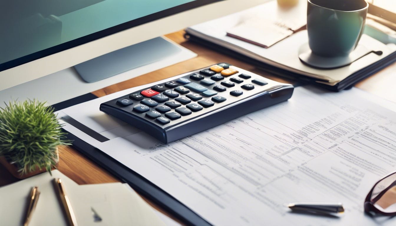 Een opgeruimd kantoorbureau met financiële documenten en rekenmachine. Een opgeruimd kantoorbureau met financiële documenten en rekenmachine.