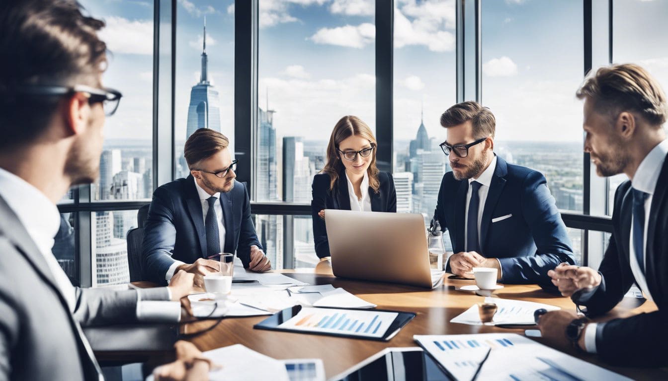 Financi&euml;le professionals bespreken strategie&euml;n in modern kantoor met stadsgezicht.