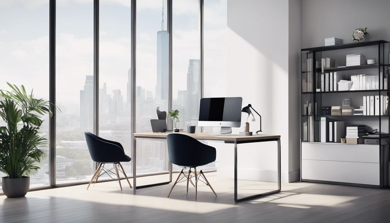 Een zakelijke eigenaar beheert zelfverzekerd zijn financi&euml;n op een modern bureau met Vero-software.