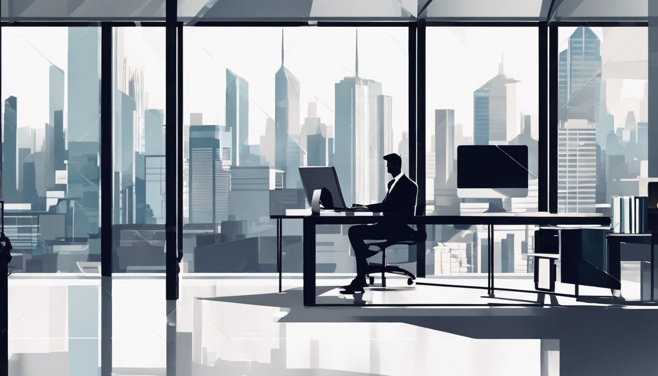 Een zakelijke professional werkt op een laptop in een modern kantoor. Een zakelijke professional werkt op een laptop in een modern kantoor.