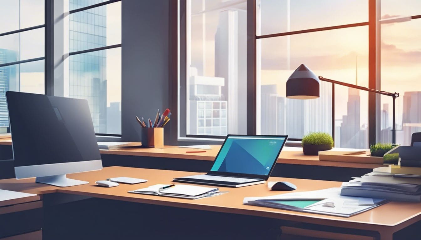 Een opgeruimd bureau met financi&euml;le documenten in een professionele kantooromgeving.