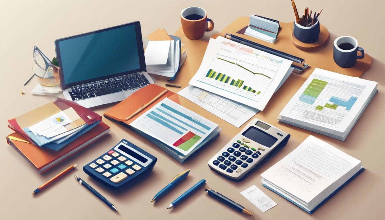 Een goed georganiseerd kantoor bureau met financi&euml;le documenten en een rekenmachine.