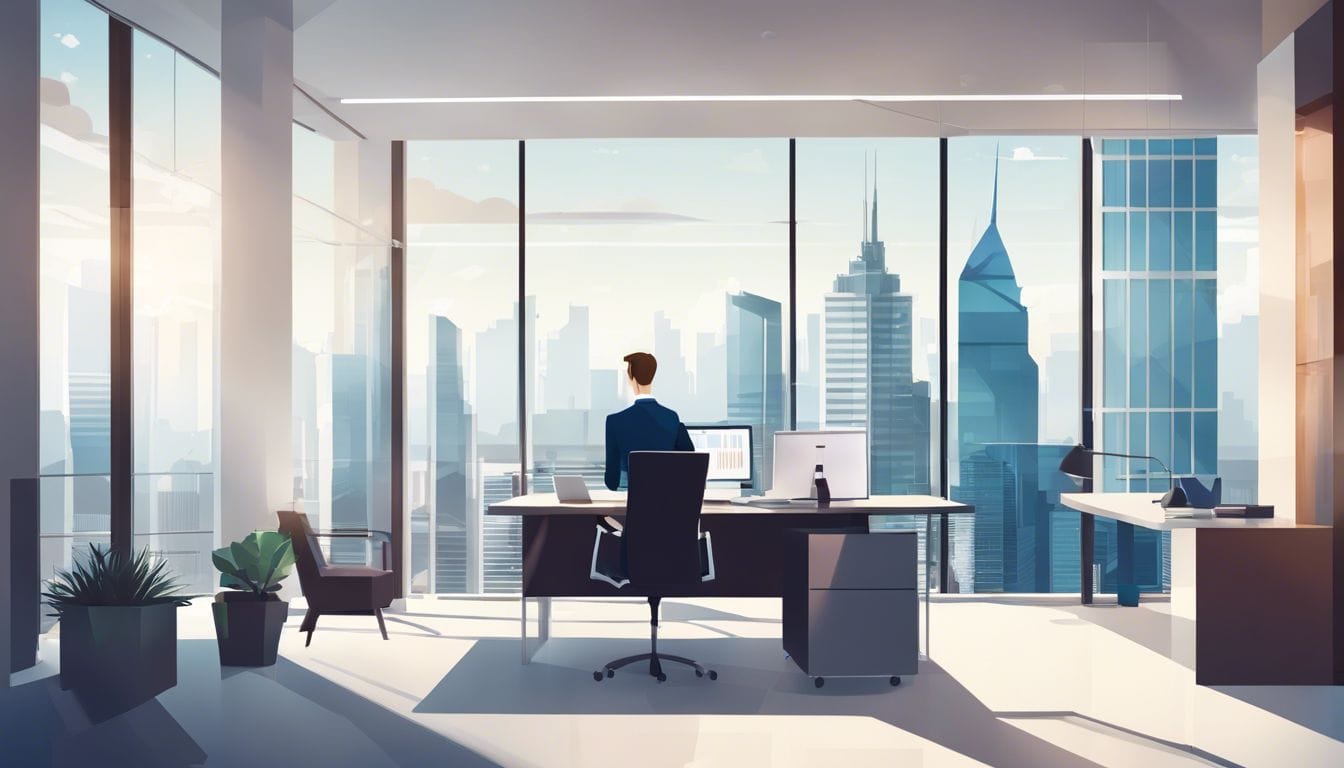 Een zakelijke eigenaar en professionele accountant bekijken financi&euml;le documenten in een modern kantoor.