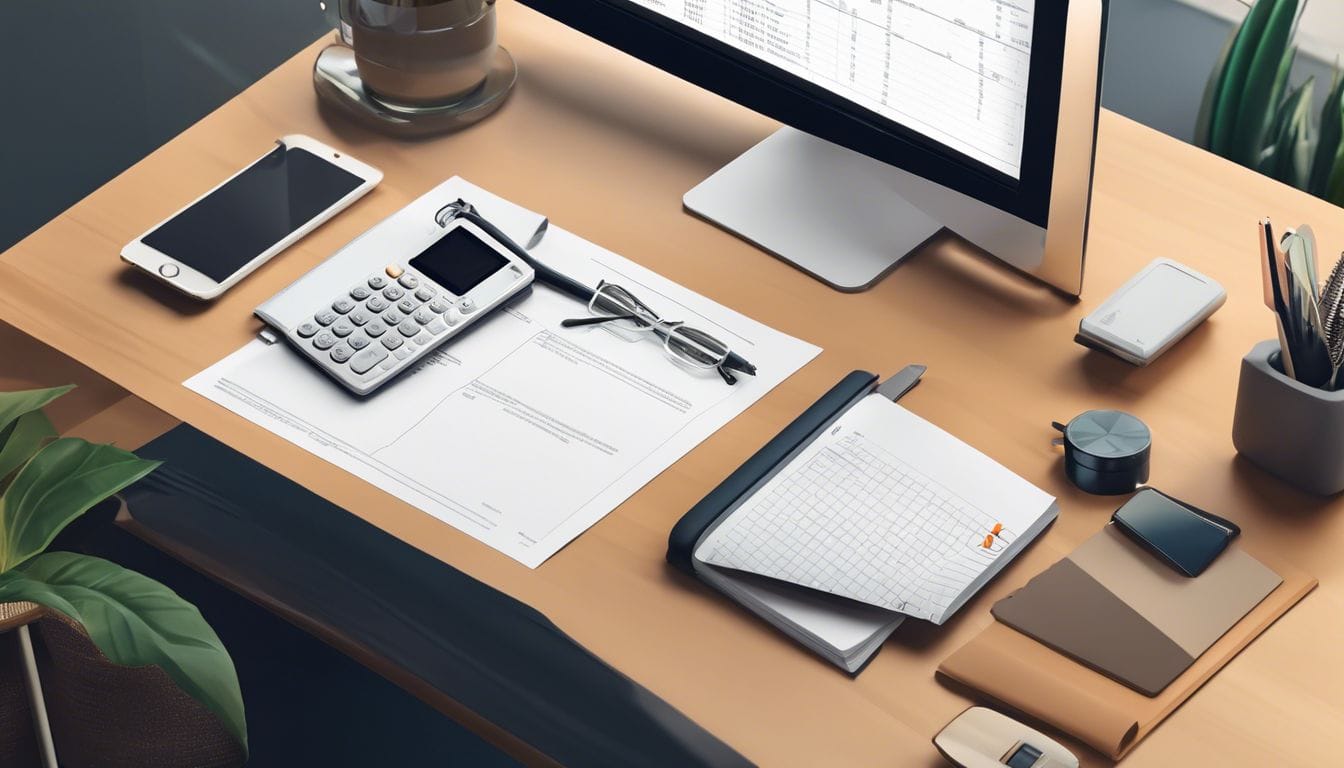 Een georganiseerd kantoor met computer, rekenmachine en papierwerk.