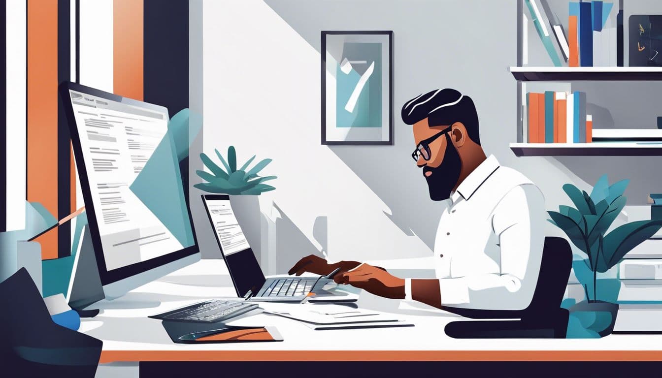 Een boekhouder werkt efficiënt op een moderne computer in een stijlvol kantoor.