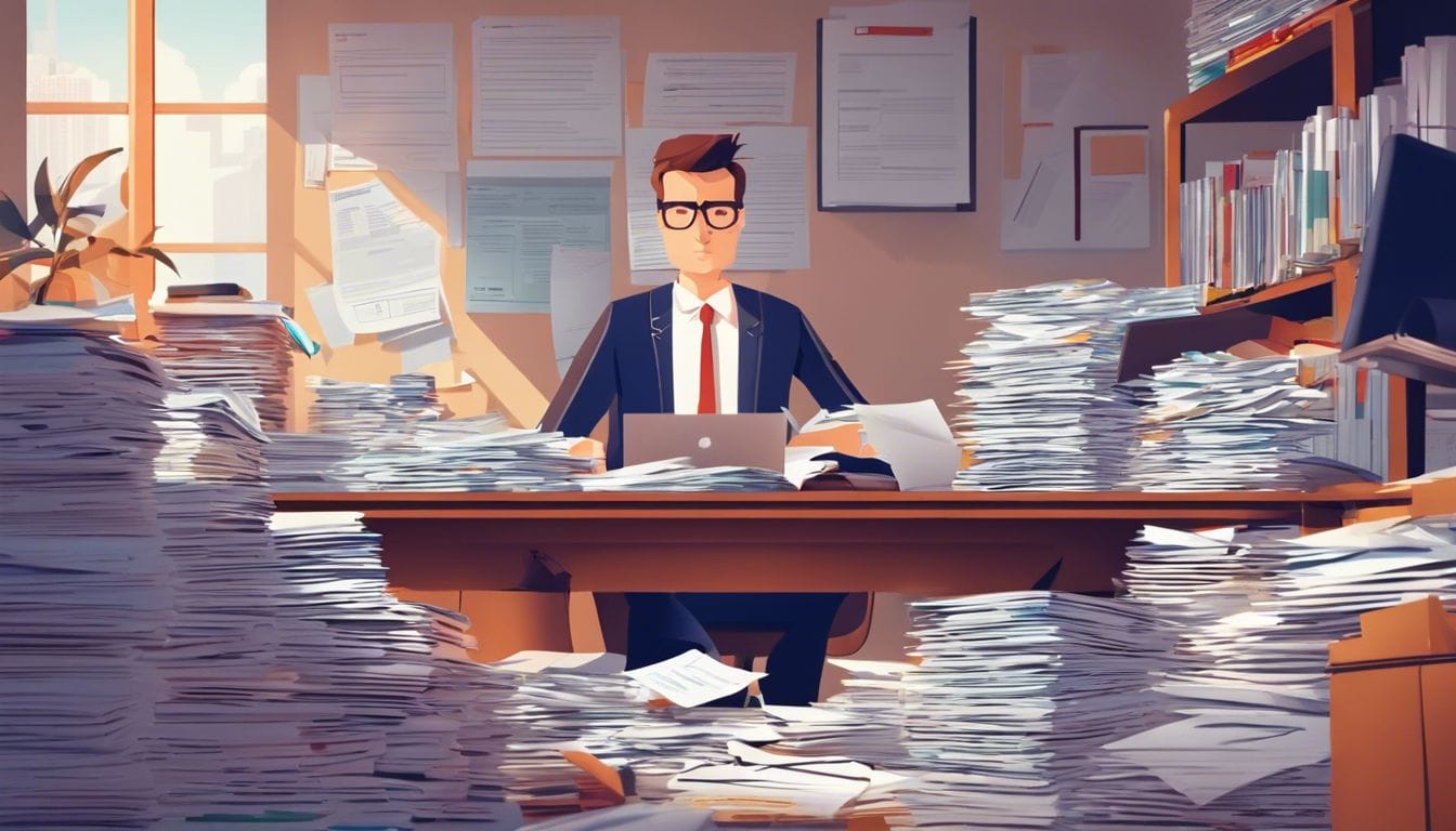 Een ondernemer wordt overweldigd door stapels facturen en papierwerk in zijn kantoor.