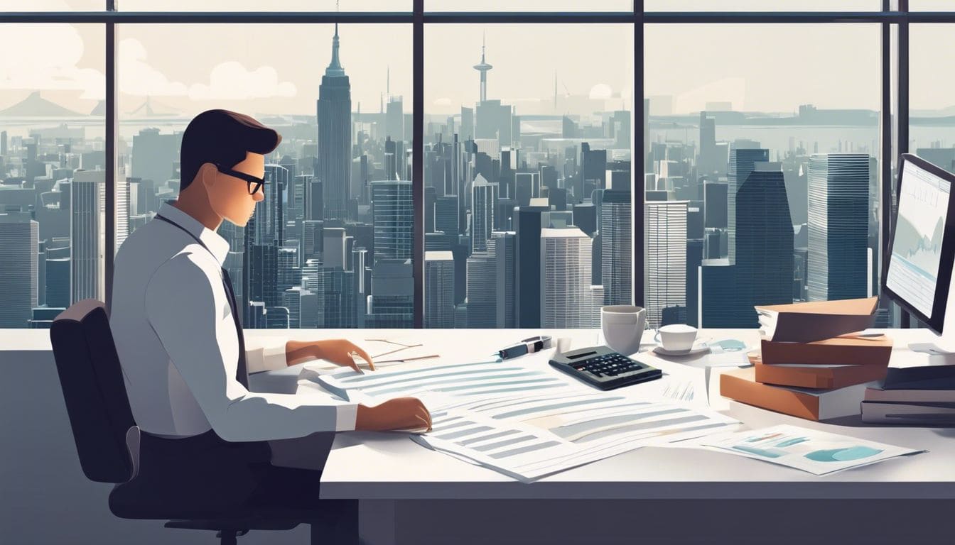 Een persoon werkt geconcentreerd aan financiële documenten in een moderne stadsomgeving.