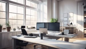 Een schone en georganiseerde werkplek met moderne kantoorbenodigdheden.