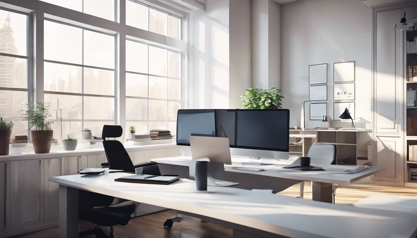 Een schone en georganiseerde werkplek met moderne kantoorbenodigdheden.