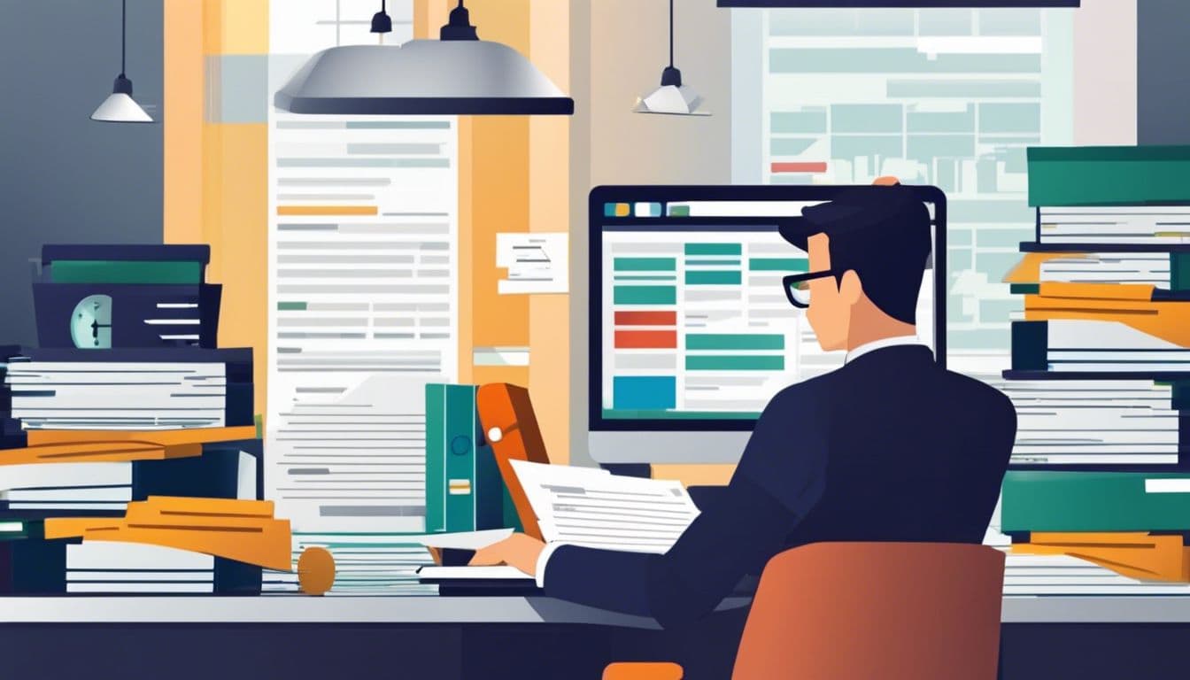 Een professionele accountant beheert facturen in een kantooromgeving.