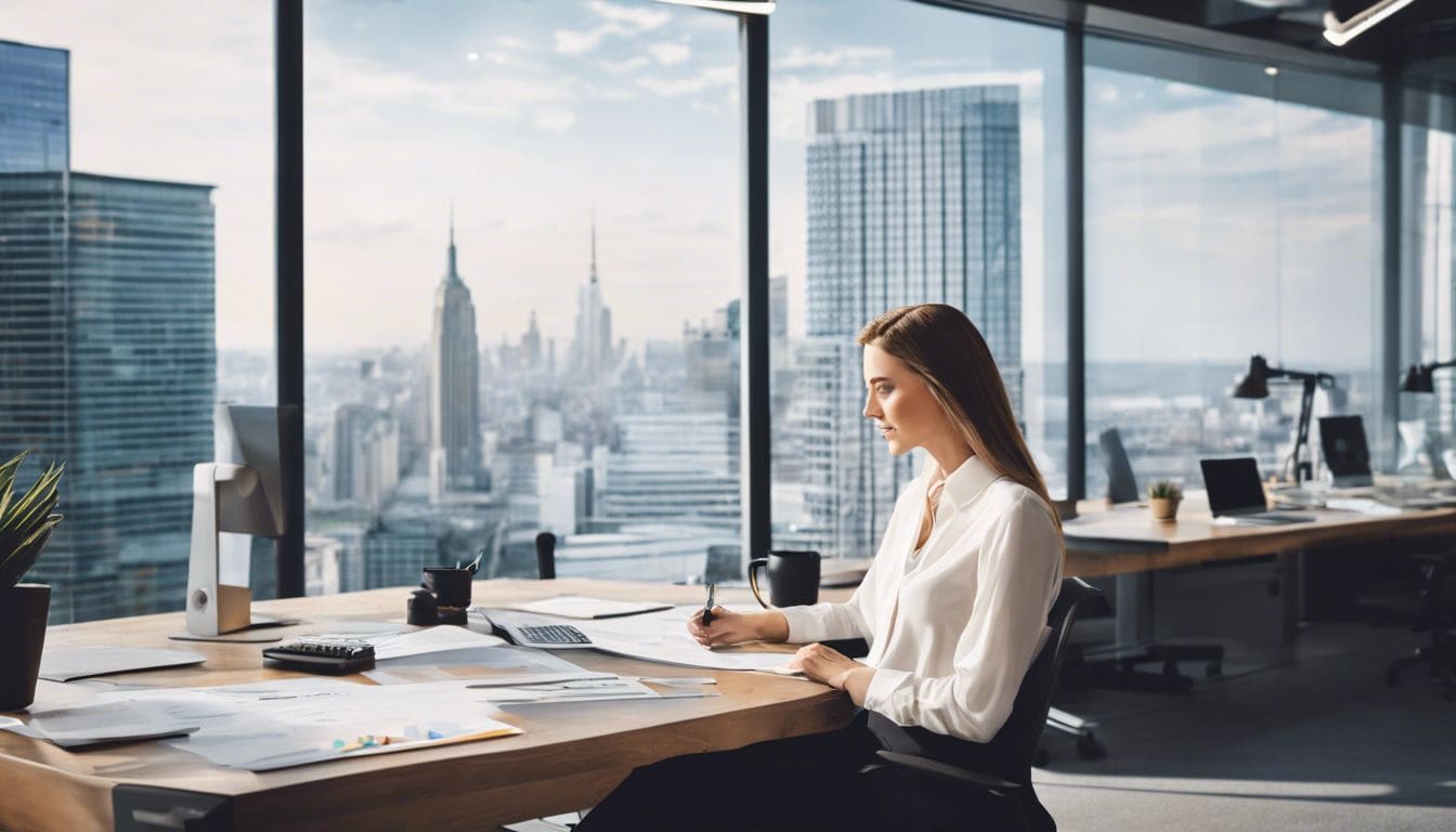 Een vrouwelijke ondernemer analyseert financi&euml;le rapporten in een modern kantoor.