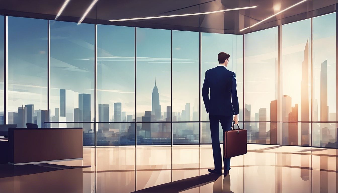 Een man in een pak staat in een moderne kantooromgeving.