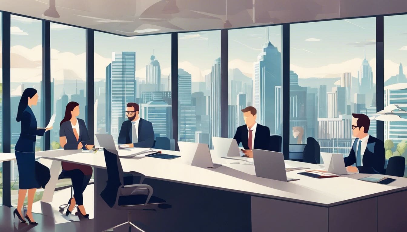 Een diverse groep ambtenaren bespreekt papierwerk in modern kantoor.