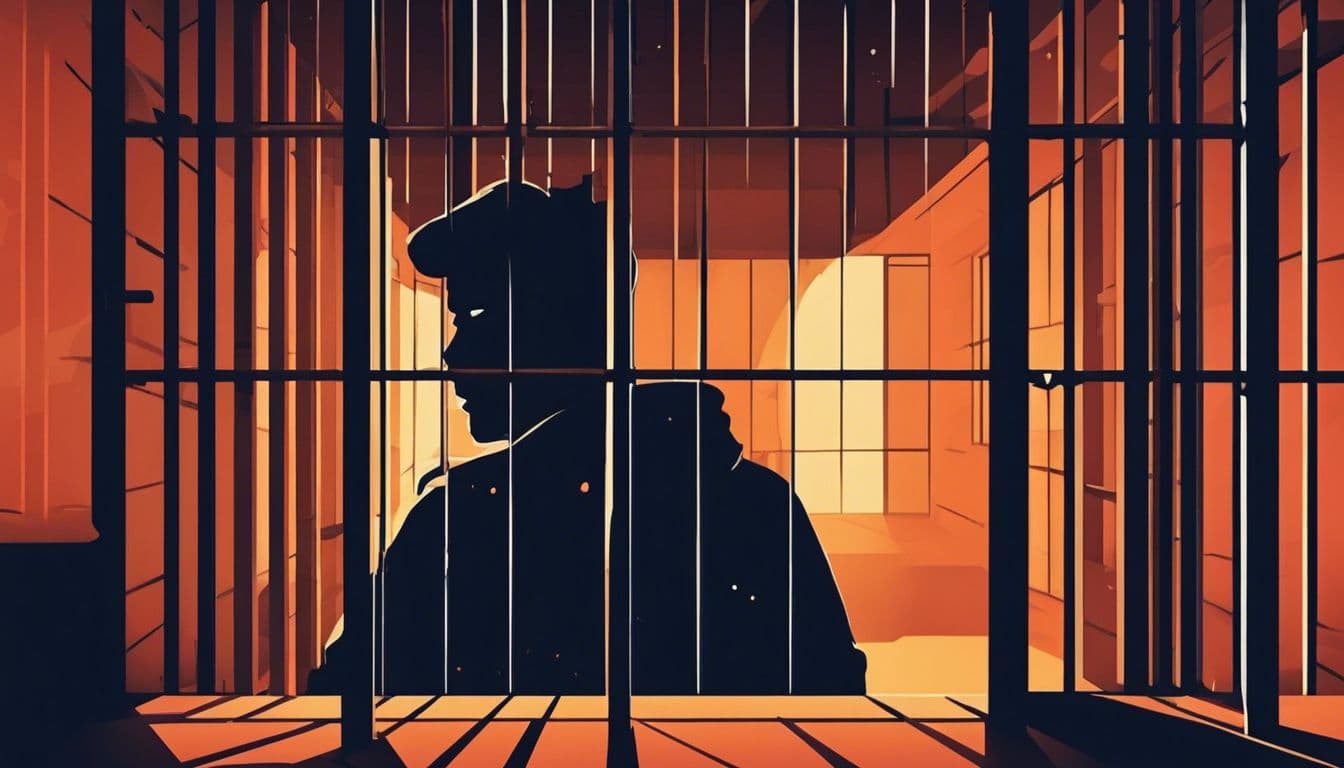 Een persoon in een slecht verlichte cel kijkt angstig en verlangend door de tralies.