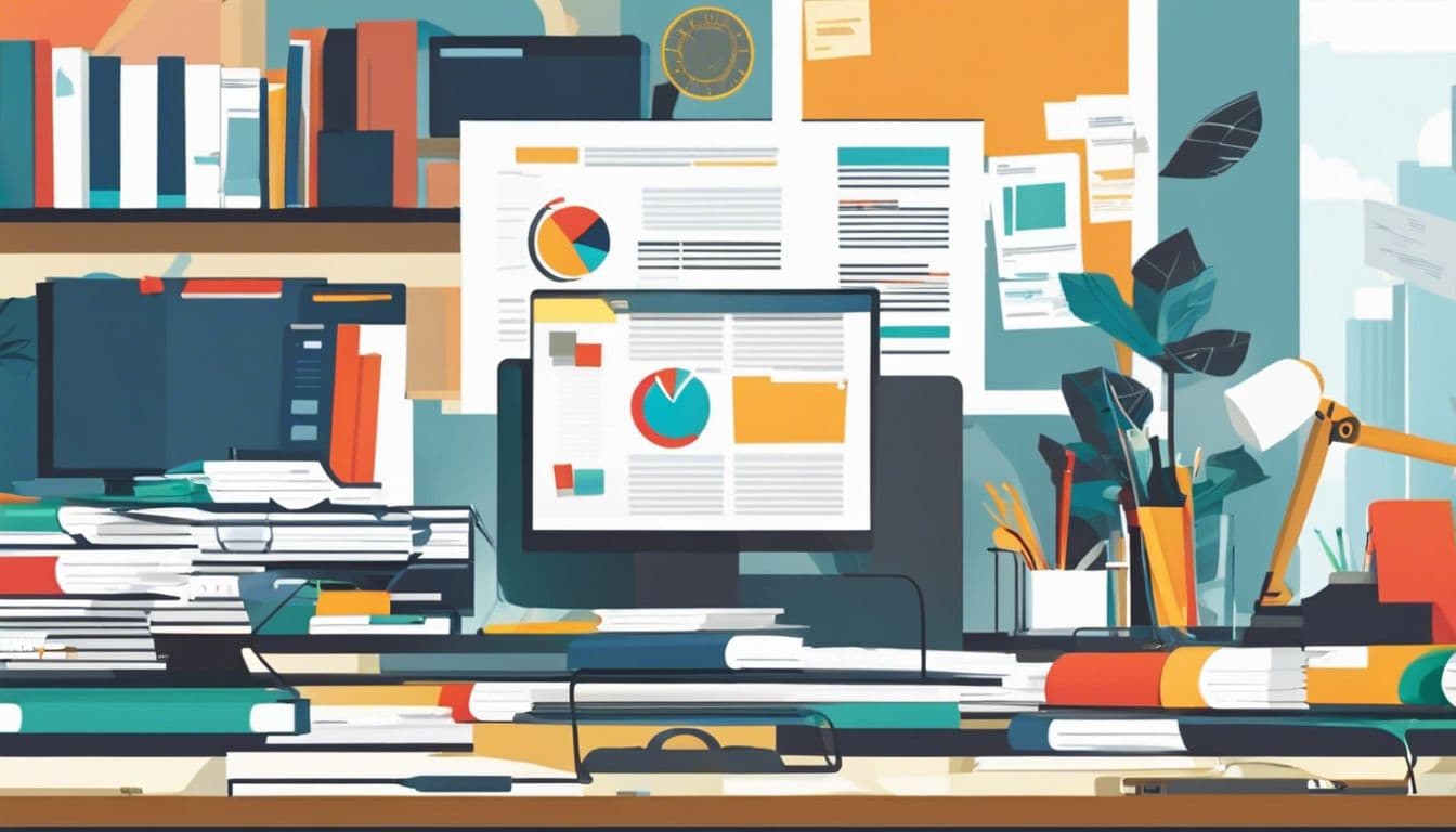 Een druk kantoor met een multitaskende administratieve medewerker in georganiseerde chaos.