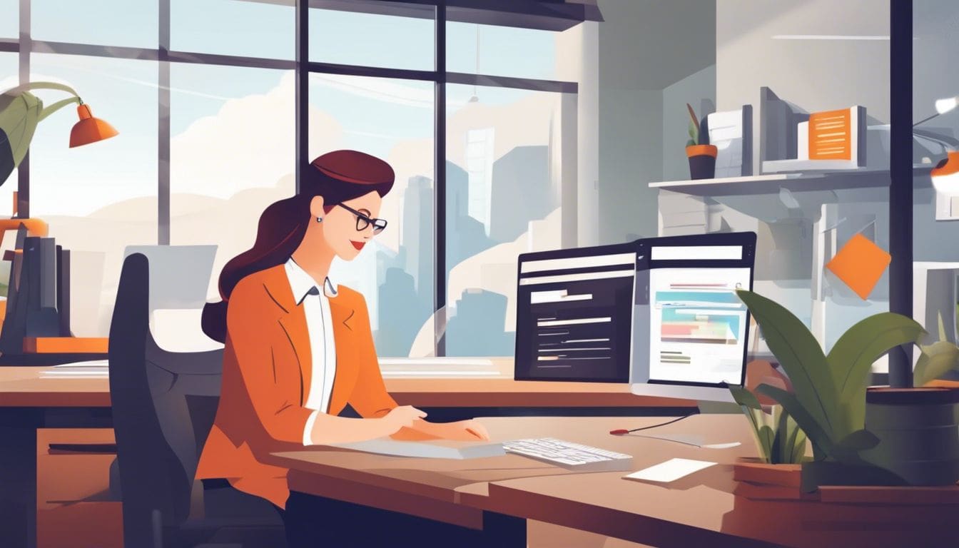 Een persoon plaatst orders in een goed verlicht kantoor.