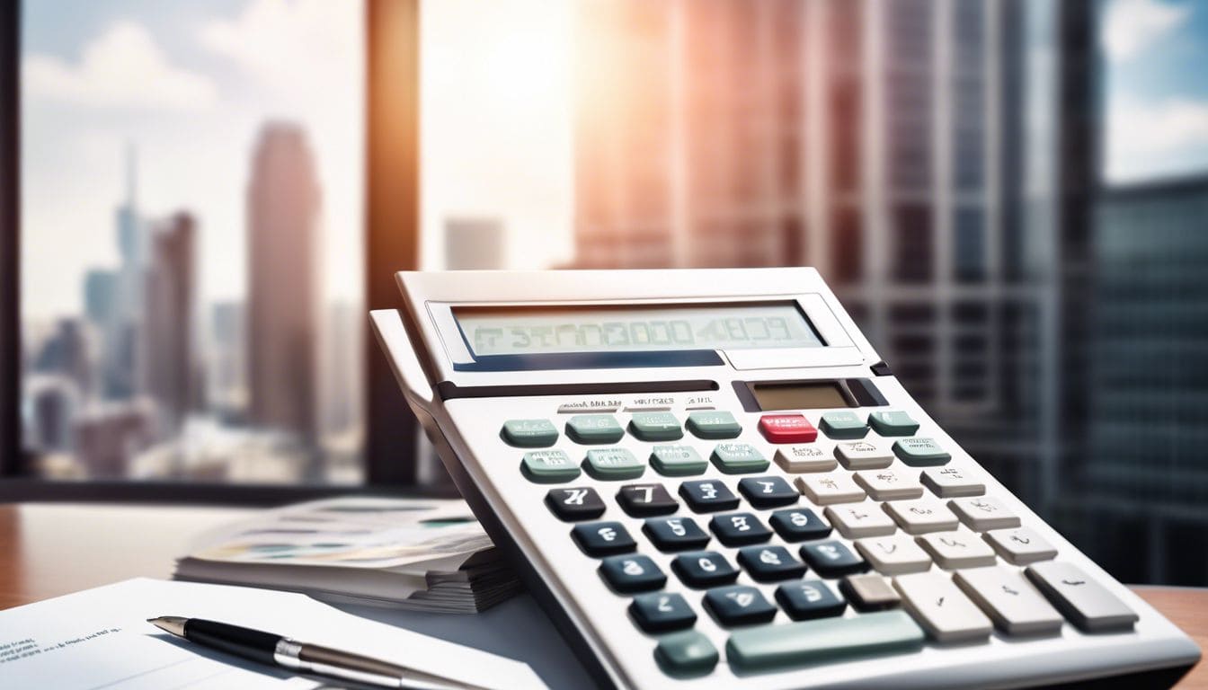 Een stapel financi&euml;le documenten en een rekenmachine op een bureau in een goed verlicht kantoor, met uitzicht op de stad door het raam.