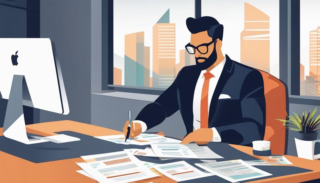 Een ondernemer bekijkt zakelijke uitgaven op een modern bureau.