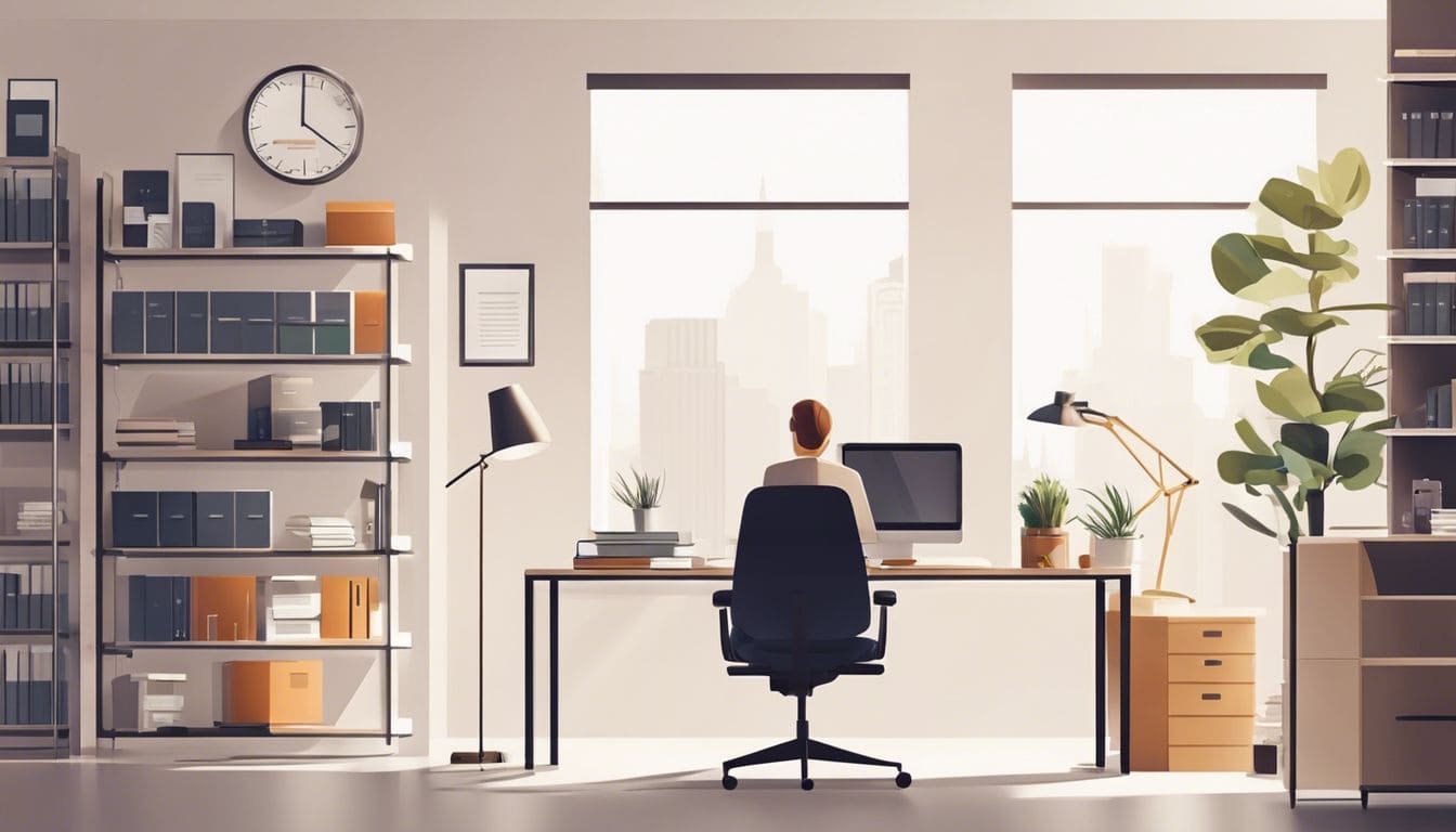 Een rustige en georganiseerde kantoorruimte met een ondernemer die financiële documenten bekijkt.