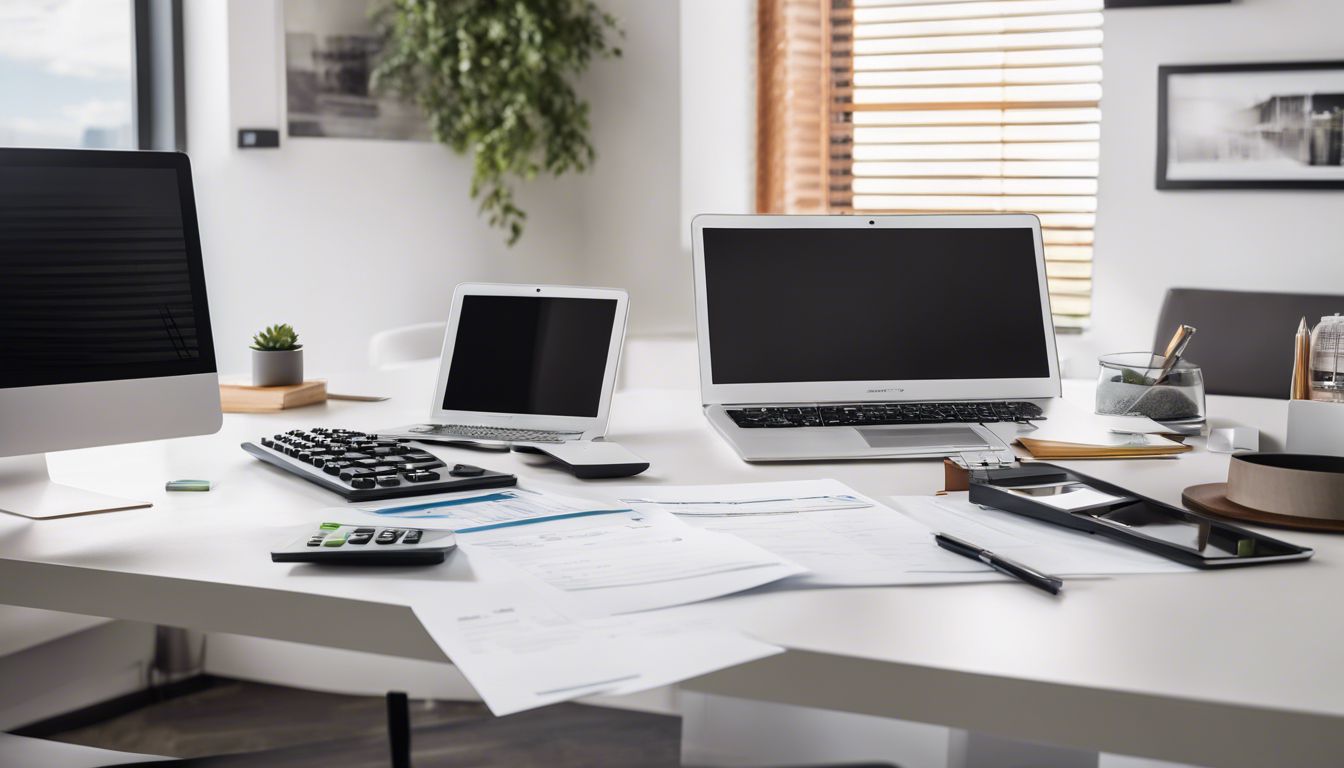 Een opgeruimd kantoorbureau met financi&euml;le documenten, laptop en rekenmachine.
